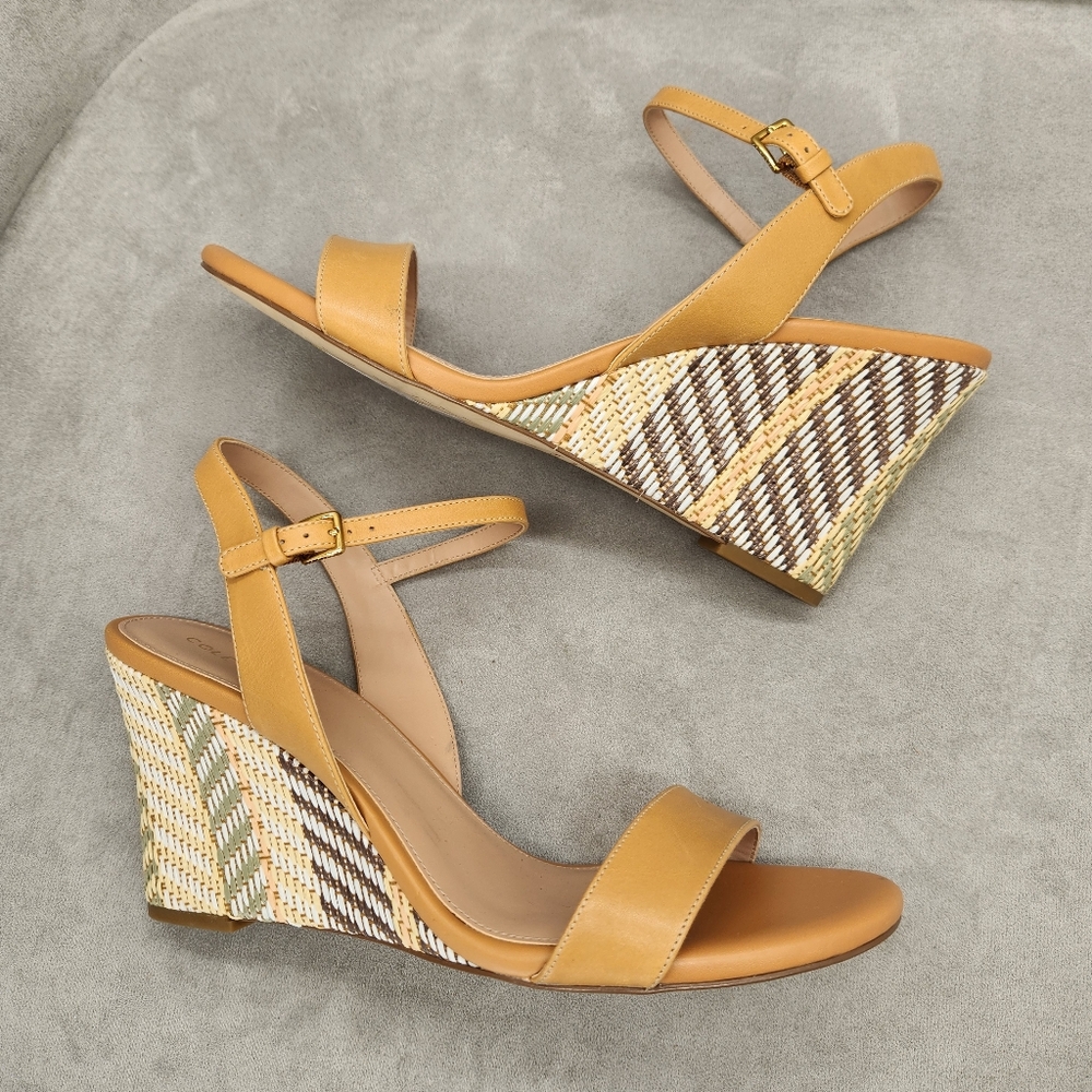 Cole Haan Wedge Sandals 11 Tan Leather Josie Woven Striped Platform New $160